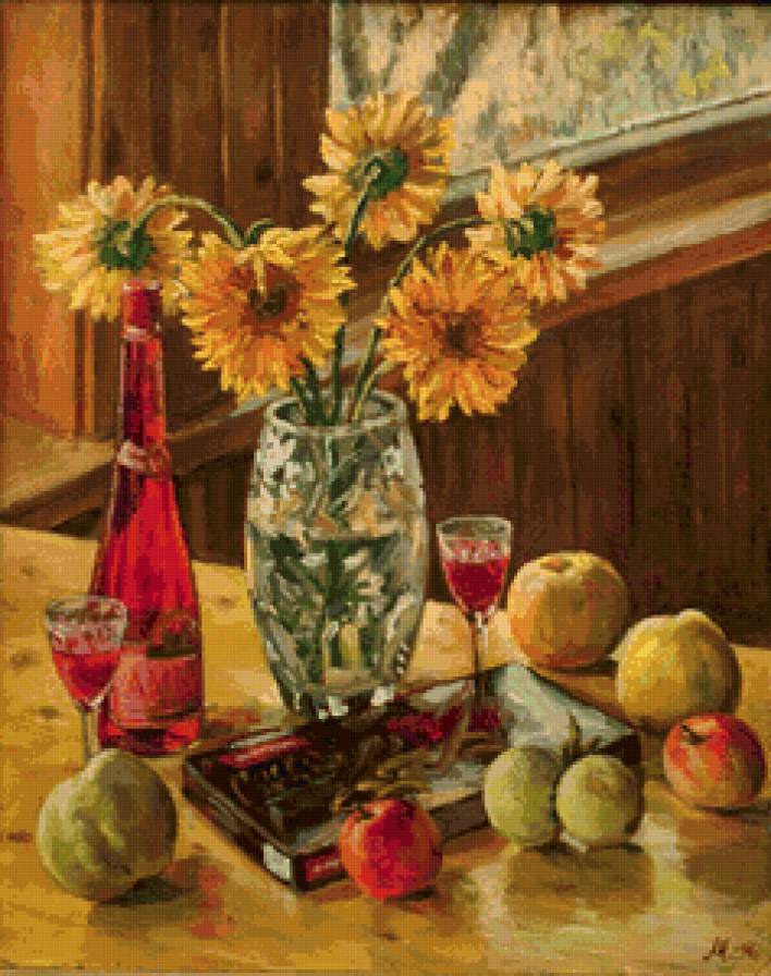 натюрморт с цветами и фруктами - живопись, цветы, фрукты, вино, ваза, кухня, натюрморт, яблоки - предпросмотр