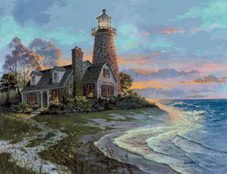 маяк и дом мечты - пейзаж, маяк, мечта, море, живопись, прибой, домик, закат - предпросмотр
