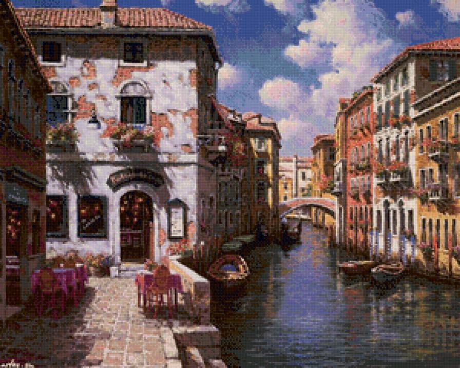 кафе в венеции - живопись, канал, лето, город, гондола, венеция, кафе, романтика - предпросмотр