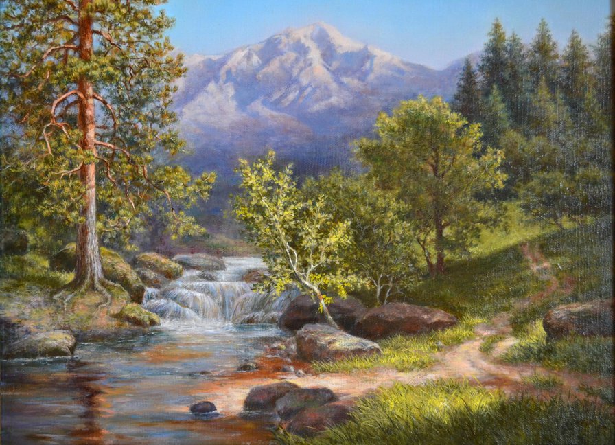 горный пейзаж с водопадом - живопись, водопад, пейзаж, река, горы, лес, природа - оригинал