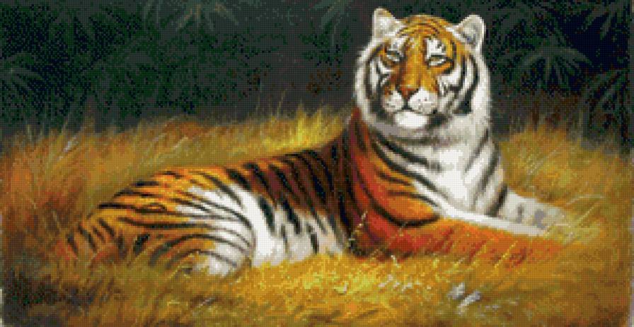 отдыхающий тигр - рисунок, панно, животные, кошки, тигр, природа - предпросмотр