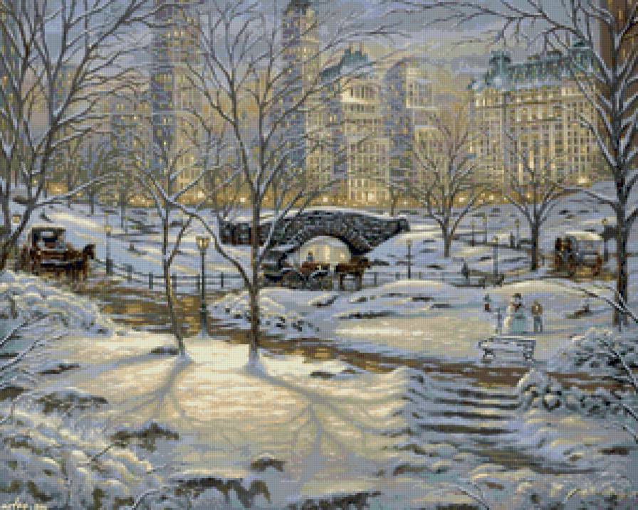 зима в нью-йорке - снеговик, снег, живопись, нью-йорк, зима, мост - предпросмотр