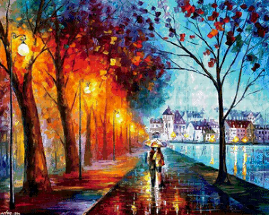 двое под дождём - живопись, фонарь, дождь, романтика, зонтик, любовь, пара, вечер - предпросмотр