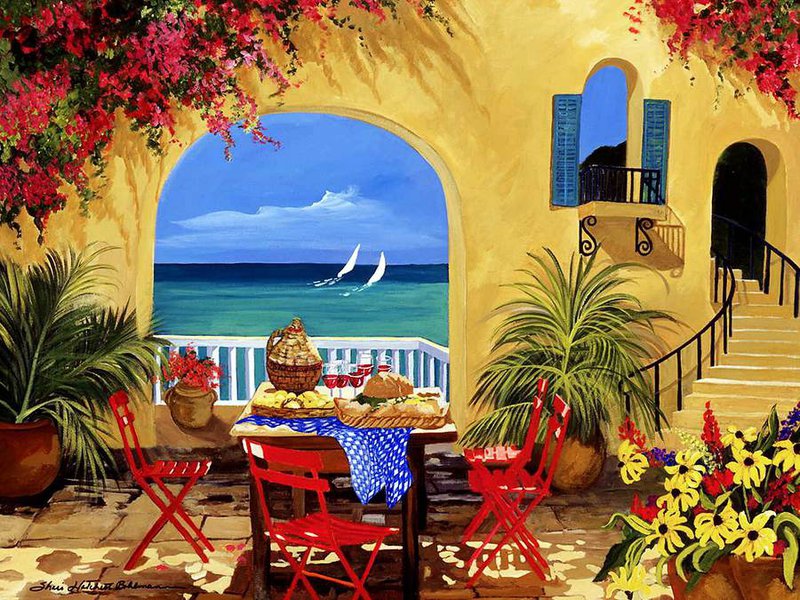 завтрак у моря - море, терраса, романтика, отдых, завтрак, парусник, юг, пейзаж - оригинал
