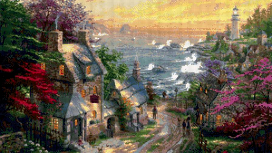 сказочный городок - сказка, море, маяк, сад, фентези, домик, детское - предпросмотр