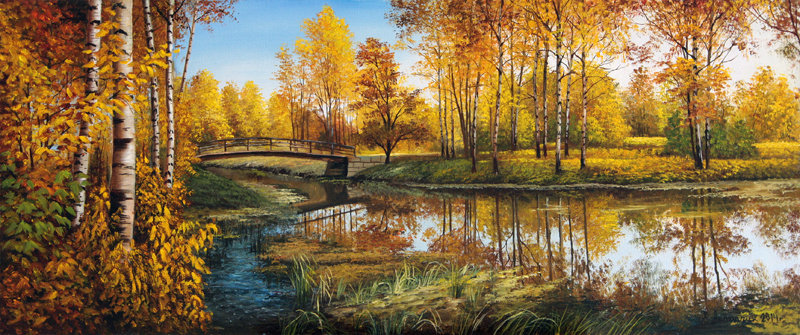 осень в парке - живопись, осень, пейзаж, дерево, золото, река, парк, природа - оригинал