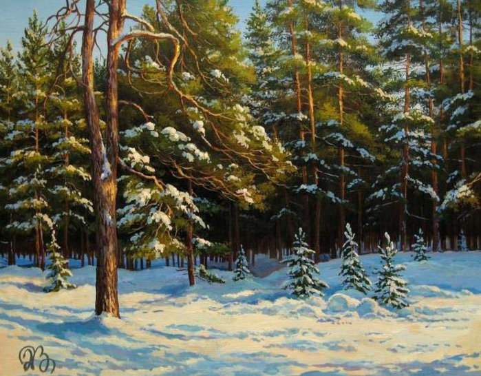 зима в лесу - природа, дерево, снег, лес, сосны, живопись, арт, зима - оригинал