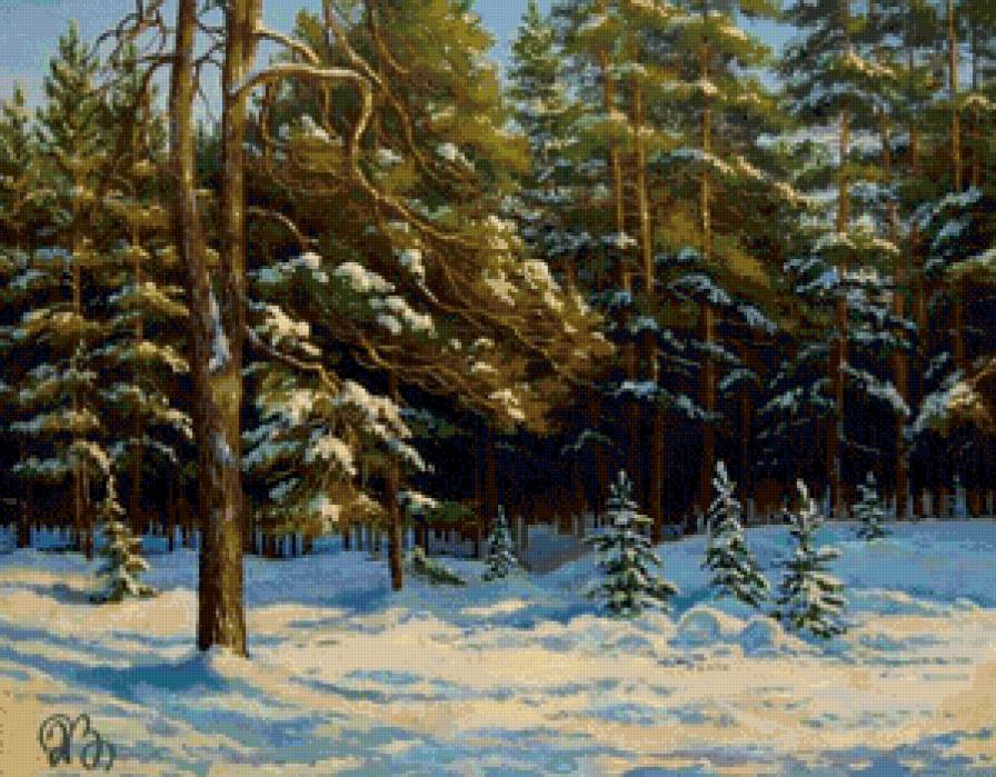 зима в лесу - лес, сосны, природа, арт, живопись, зима, снег, дерево - предпросмотр