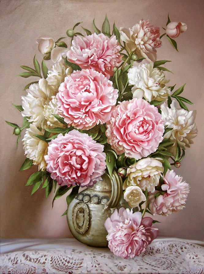 нежные пионы в вазе - ваза, нежность, весна, букет, натюрморт, цветы, живопись, пионы - оригинал
