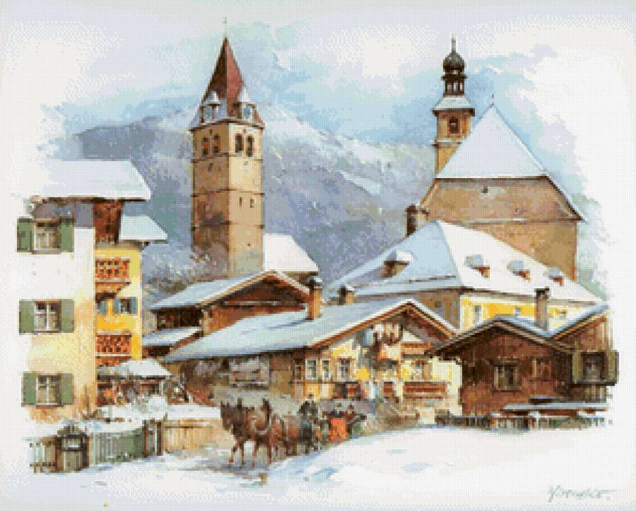 городок в альпах - горы, пейзаж. зима, крыши, снег, альпы, живопись, город - предпросмотр