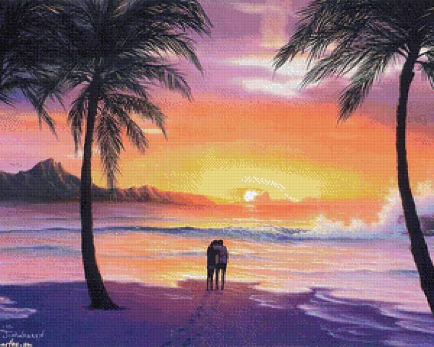 двое на берегу - берег, пальмы, романтика, закат, любовь, море, океан, пара, двое - предпросмотр