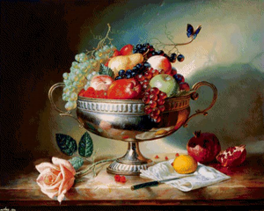 красочный натюрморт с фруктами и розой - натюрморт, роза, кухня, живопись, виноград, фрукты, бабочки - предпросмотр