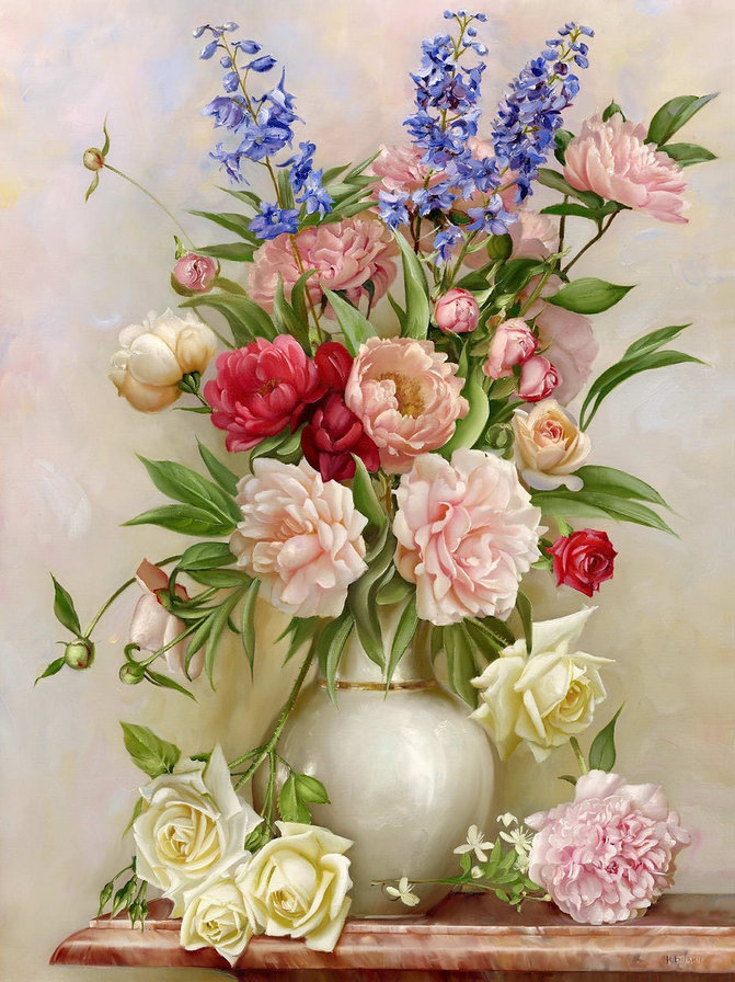 букет цветов в вазе - розы, цветы, живопись, ваза, букет, пионы, акварель - оригинал