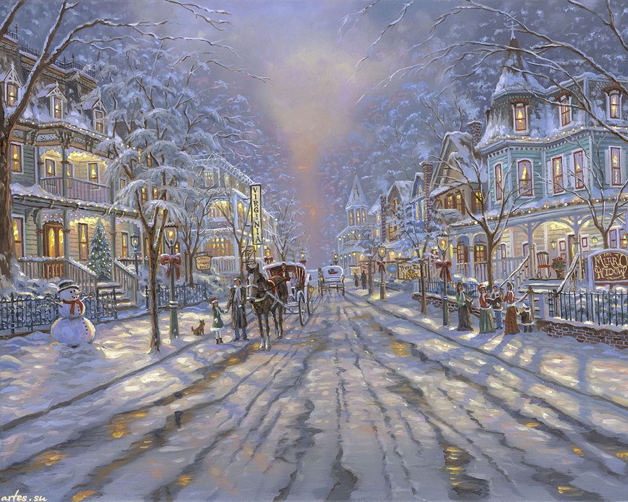 зима в городке - зима, город, вечер, арт, карета, живопись, дерево, снег - оригинал