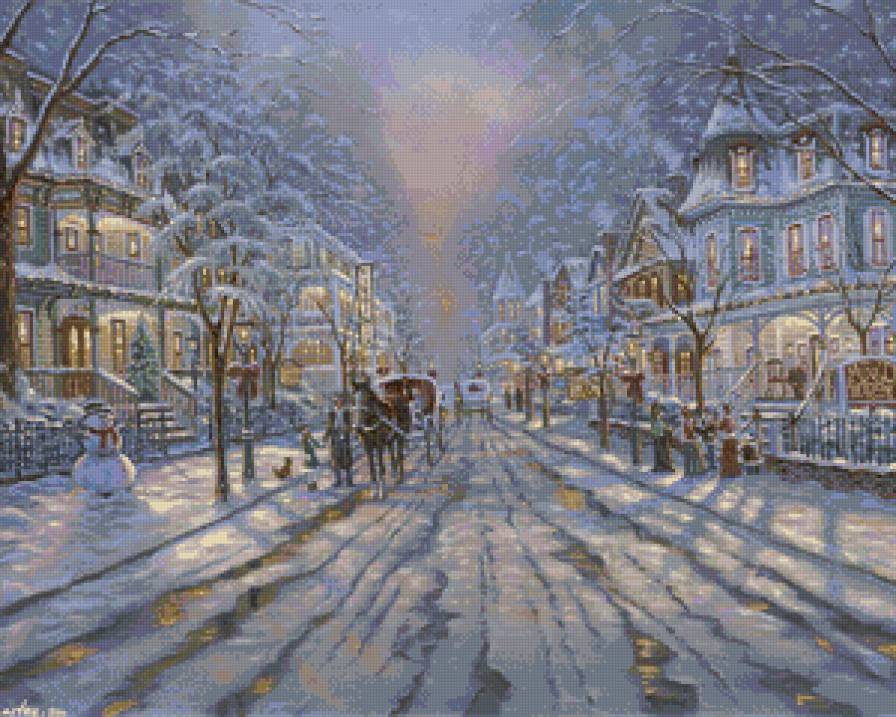 зима в городке - город, снег, карета, вечер, арт, дерево, зима, живопись - предпросмотр