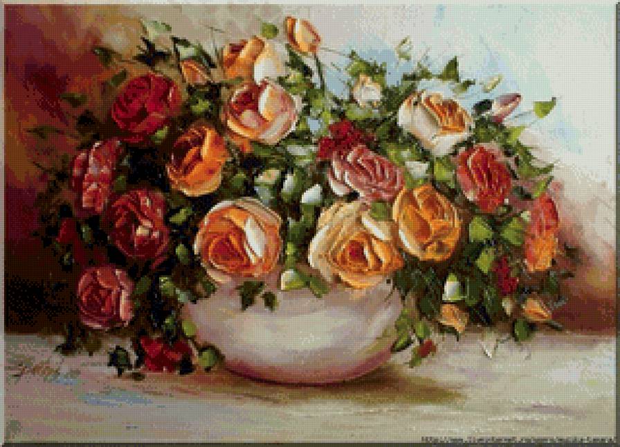 розы в вазе - ваза, натюрморт, живопись, цветы, роза, букет - предпросмотр