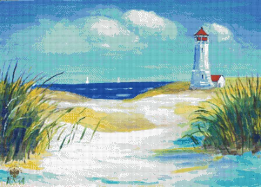 маяк на песчаном берегу - берег, пейзаж, пляж, прибой, океан, маяк, море, песок, небо - предпросмотр