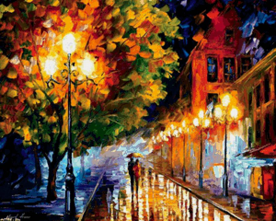 двое под дождём - живопись, романтика, зонтик, пара, дождь, любовь, фонарь, вечер - предпросмотр
