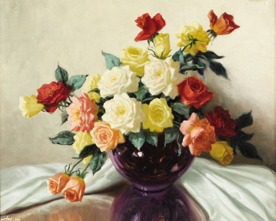 розы в вазе - натюрморт, розы, живопись, цветы, букет, ваза - оригинал