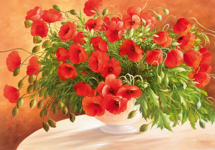 красные маки в белой вазе - натюрморт, живопись, цветы, маки, ваза, букет - оригинал