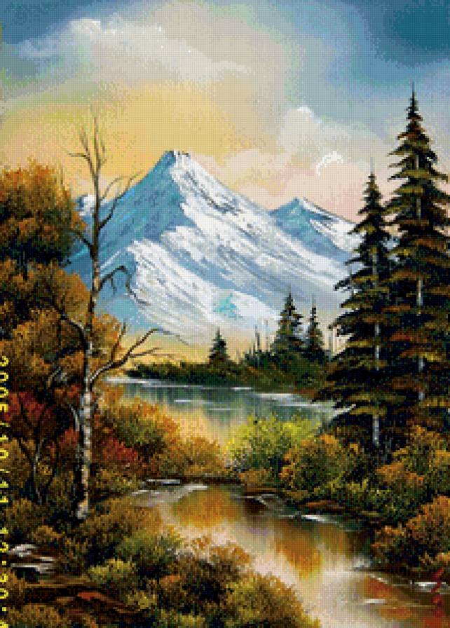 осень в горах - ели, пейзаж, живопись, лес, осень, озеро, горы, природа - предпросмотр