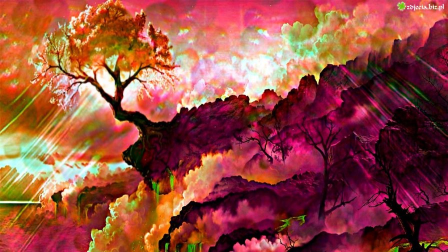 дерево на скале - закат, арт, дерево, скала, краски, фентези - оригинал