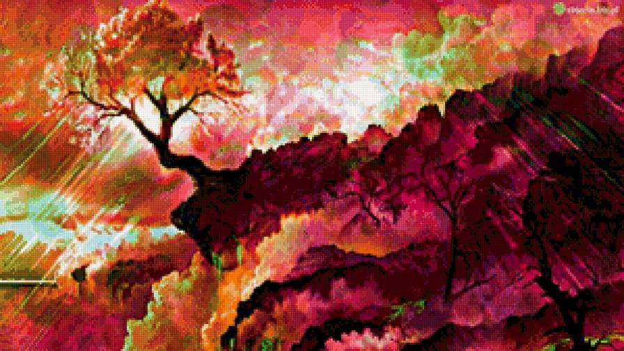 дерево на скале - арт, закат, фентези, краски, дерево, скала - предпросмотр
