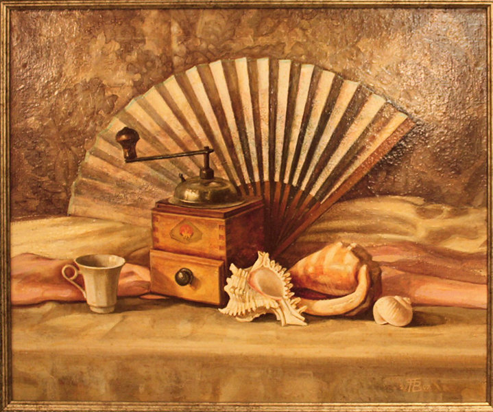 натюрморт с веером и ракушками - море, чашка, живопись, сепия, натюрморт, веер, ракушки - оригинал