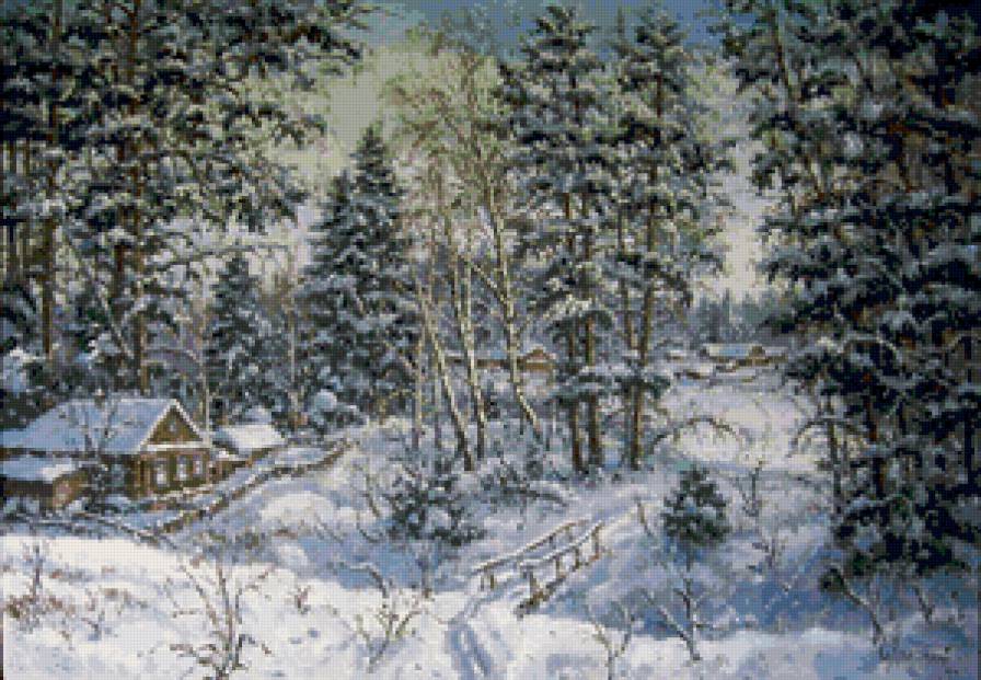 зима в деревне - мороз, живопись, пейзаж, природа, домик, деревня, снег, зима - предпросмотр