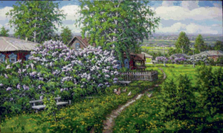 весна в деревне - живопись, сирень, деревня, пейзаж, природа, цвет, весна, сад - предпросмотр