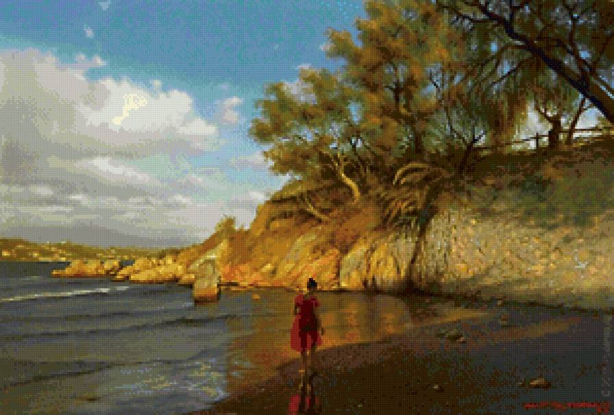 прогулка по берегу - прогулка, романтика, скалы, берег, море, природа, закат, девушка - предпросмотр