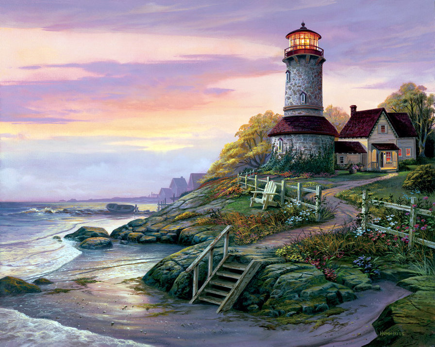 маяк и дом мечты - море, закат, берег, маяк, парус, акварель, горы, домик, пейзаж - оригинал