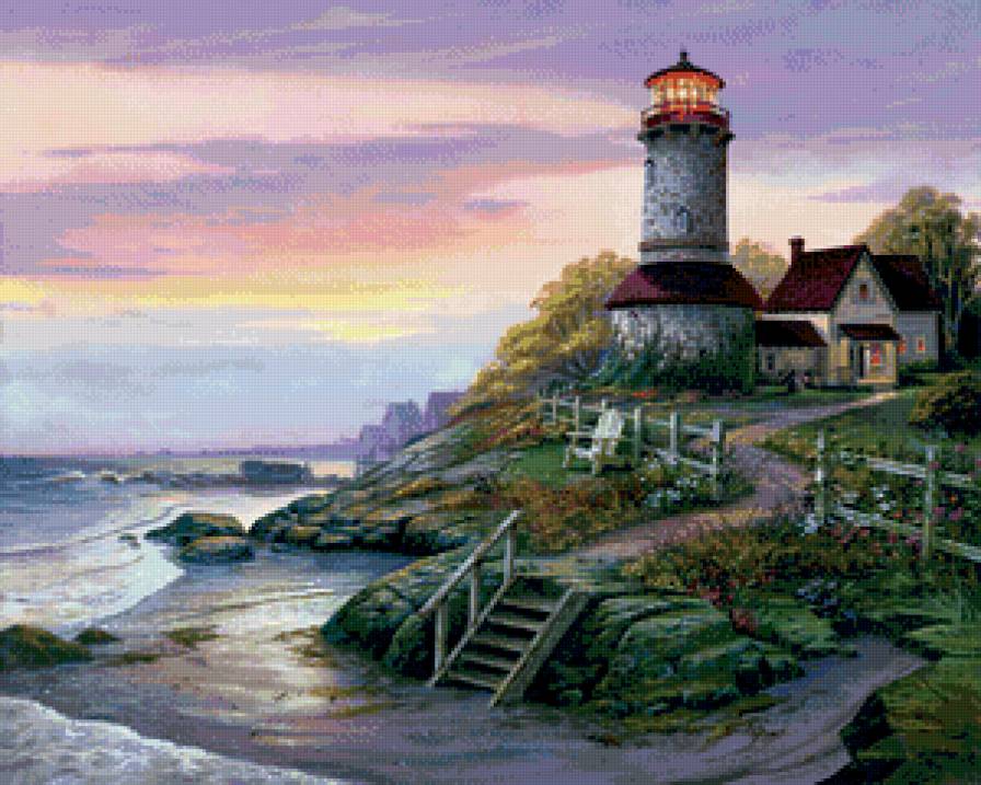 маяк и дом мечты - домик, маяк, море, берег, горы, пейзаж, акварель, парус, закат - предпросмотр