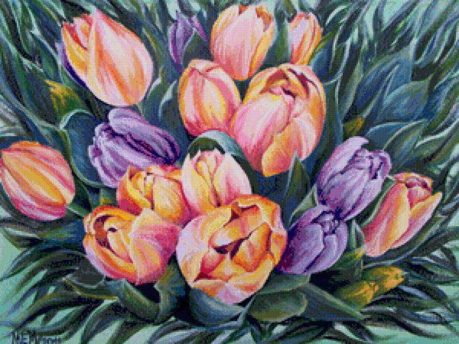 букет весенних тюльпанов - весна, цветы, ваза, панно, букет, тюльпаны, акварель - предпросмотр
