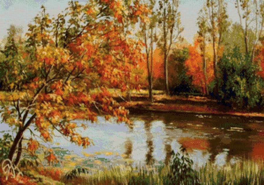 осень на реке - пейзаж, золото, река, природа, осень, солнце, лес, живопись - предпросмотр