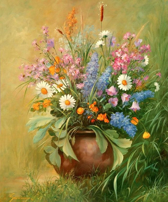 полевые цветы в горшке - ромашки, букет, натюрморт, цветы, горшок, колокольчики, живопись - оригинал