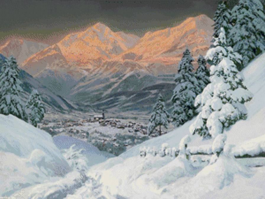 горная долина зимой - живопись, альпы, природа, пейзаж, снег, горы, закат, зима, вечер - предпросмотр
