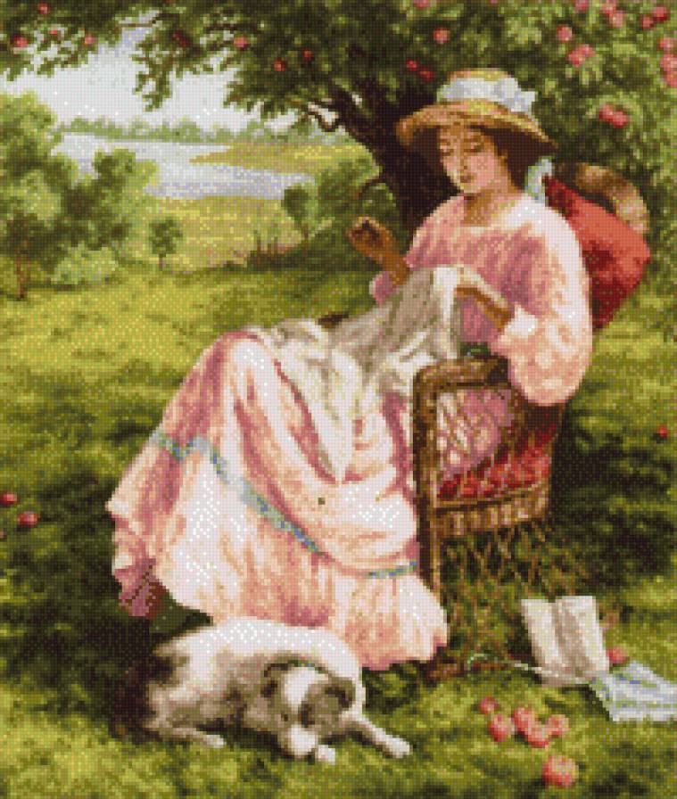 Яблоневый сад - сад, девушка, вышивка - предпросмотр
