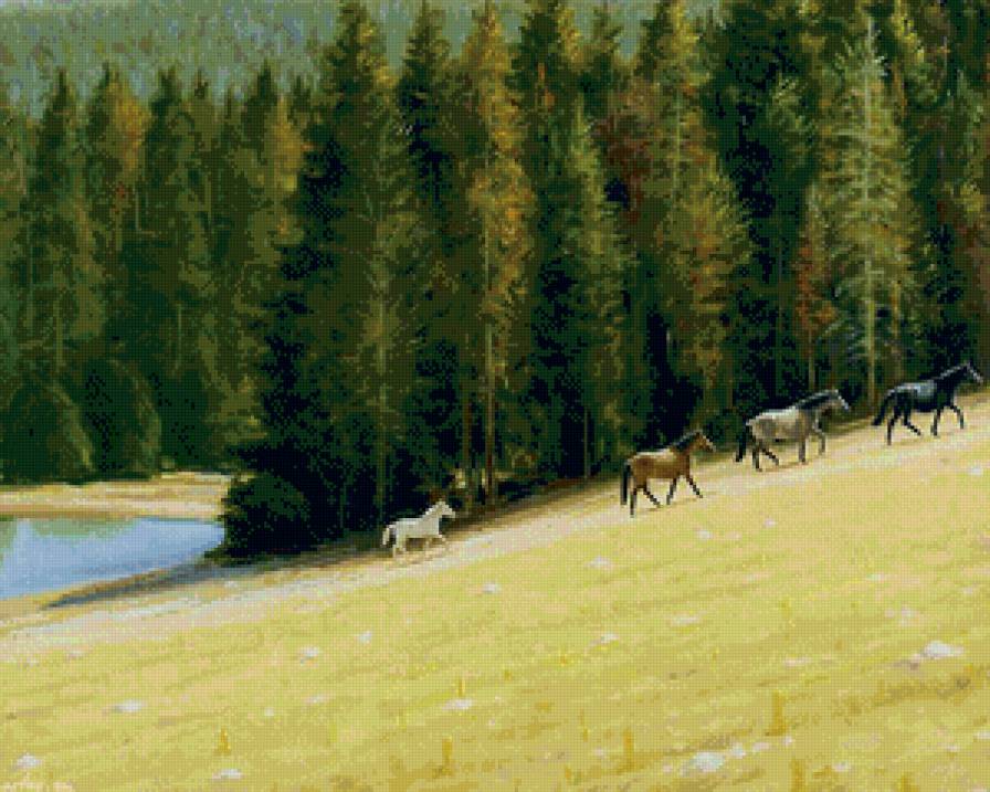 лошади пасутся - лес, лошади, природа, игра, животные, поляна, луг, река, пейзаж - предпросмотр