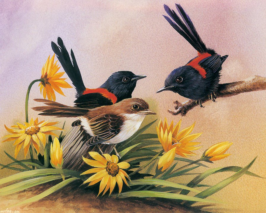 птицы в цветах - панно, весна, картина, птицы, цветы - оригинал