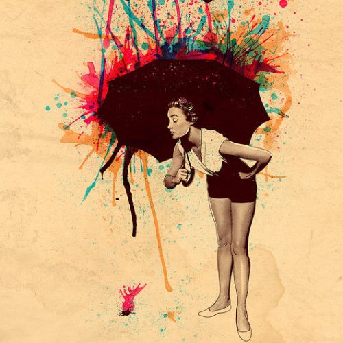 Девушка под дождем из красок - под зонтом, краски, девушка, акварель - оригинал