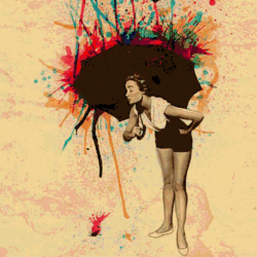 Девушка под дождем из красок - под зонтом, девушка, акварель, краски - предпросмотр