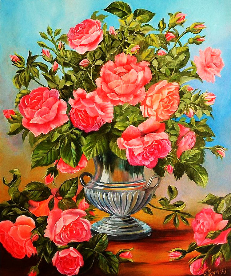 ваза с розами - цветы, розы, живопись, букет, ваза, натюрморт - оригинал