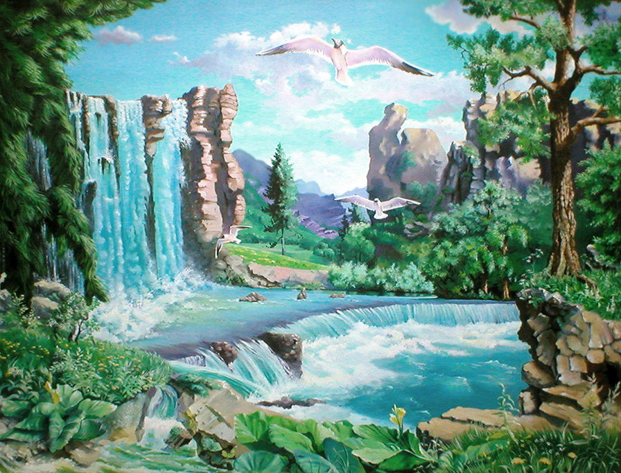 водопад в лесу - скалы, дерево, водопад, лес, живопись, природа, пейзаж, река - оригинал