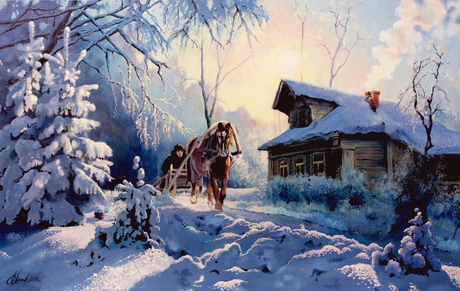 зима в деревне - пейзаж, природа, снег, зима, живопись, домик, мороз, деревня - оригинал