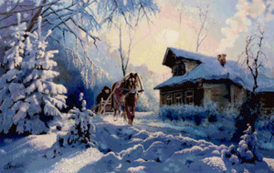 зима в деревне - пейзаж, снег, зима, мороз, деревня, природа, домик, живопись - предпросмотр