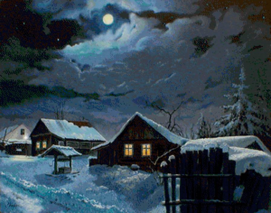 лунная зимняя ночь в деревне - деревня, зима, природа, домик, живопись, снег, ночь, луна - предпросмотр