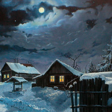 лунная зимняя ночь в деревне