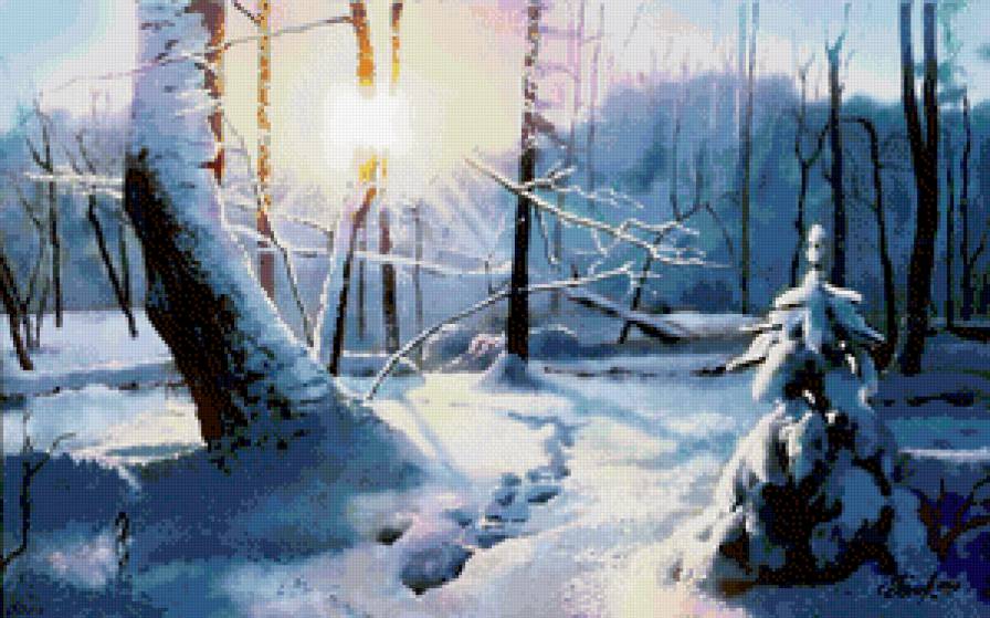 закат в зимнем лесу - зима, природа, лес, живопись, солнце, снег, пейзаж, закат - предпросмотр