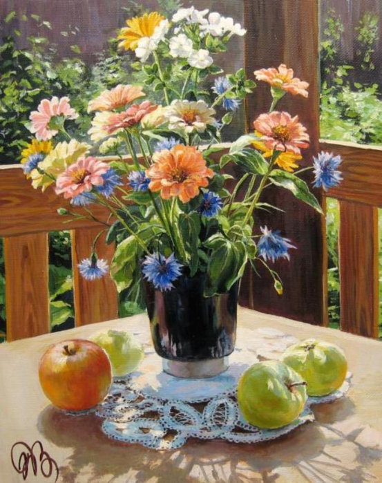 натюрморт с цветами и фруктами на террасе - лето, сад, натюрморт, букет, цветы, фрукты, терраса, яблоки - оригинал